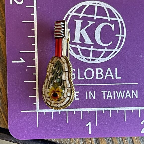 Vintage Italian Micro Mosaic Mandolin Guitar Brooch Signed Italy Flower Design - Picture 5 of 6